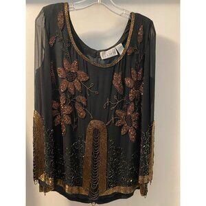 BLACK TIE BEADED SEQUIN EMBBELLISIED JEWELED SILK WOMEN'S STATEMENT  BLOUSE LG